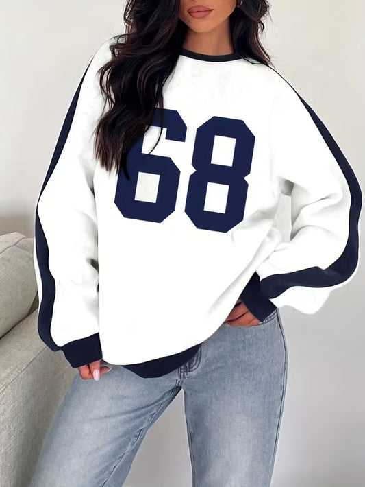Women’s Oversized Sporty Sweatshirt – Number 68 Casual Pullover