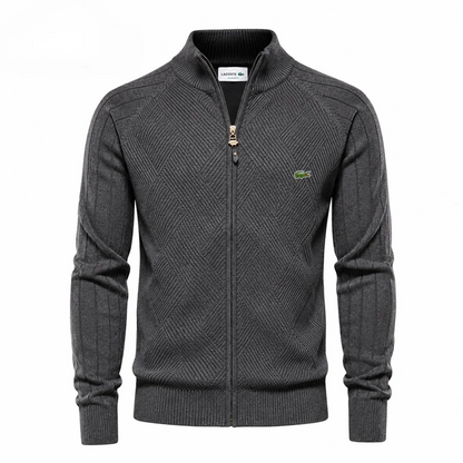 Men’s Textured Knit Zip-Up Sweater – Diamond Pattern Stand Collar Cardigan