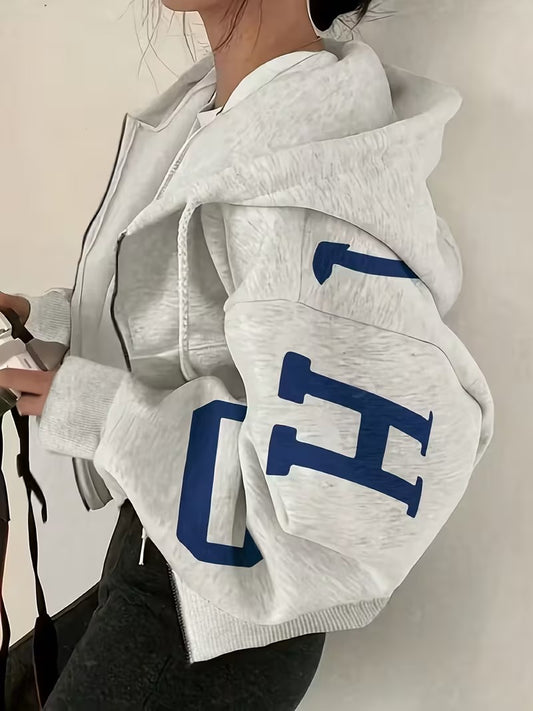 Oversized Letter Print Zip Hoodie – Casual Streetwear Jacket