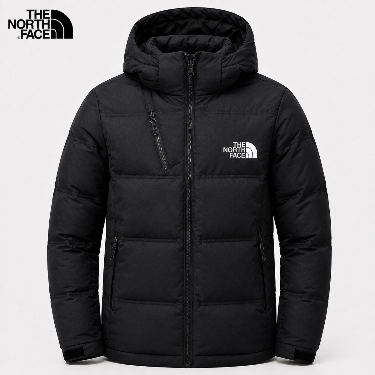 Men's black padded winter jacket with hood and full-length zip – front view