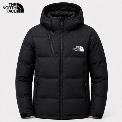 Men's black padded winter jacket with hood and full-length zip – front view