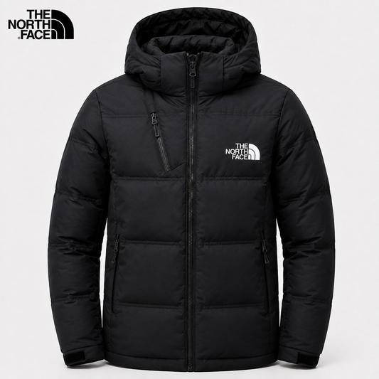 Men's black padded winter jacket with hood and full-length zip – front view