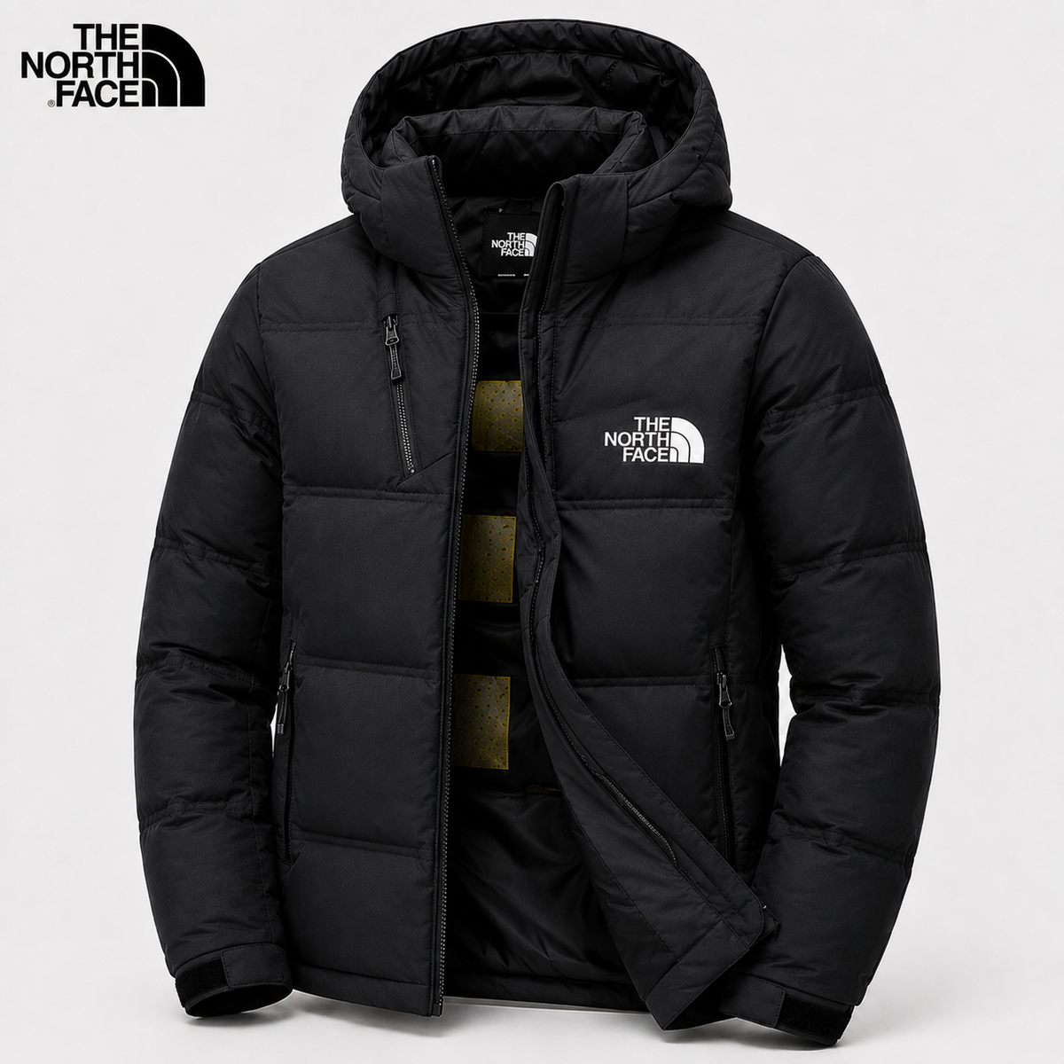 Men's black padded winter jacket shown unzipped with hood and dark inner lining