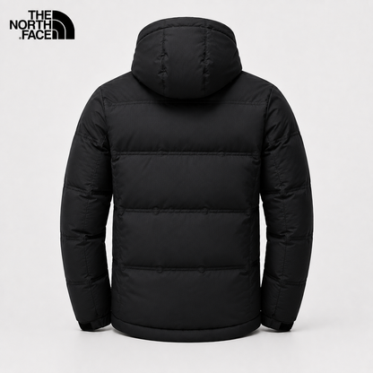 Back view of men's black padded hooded winter jacket