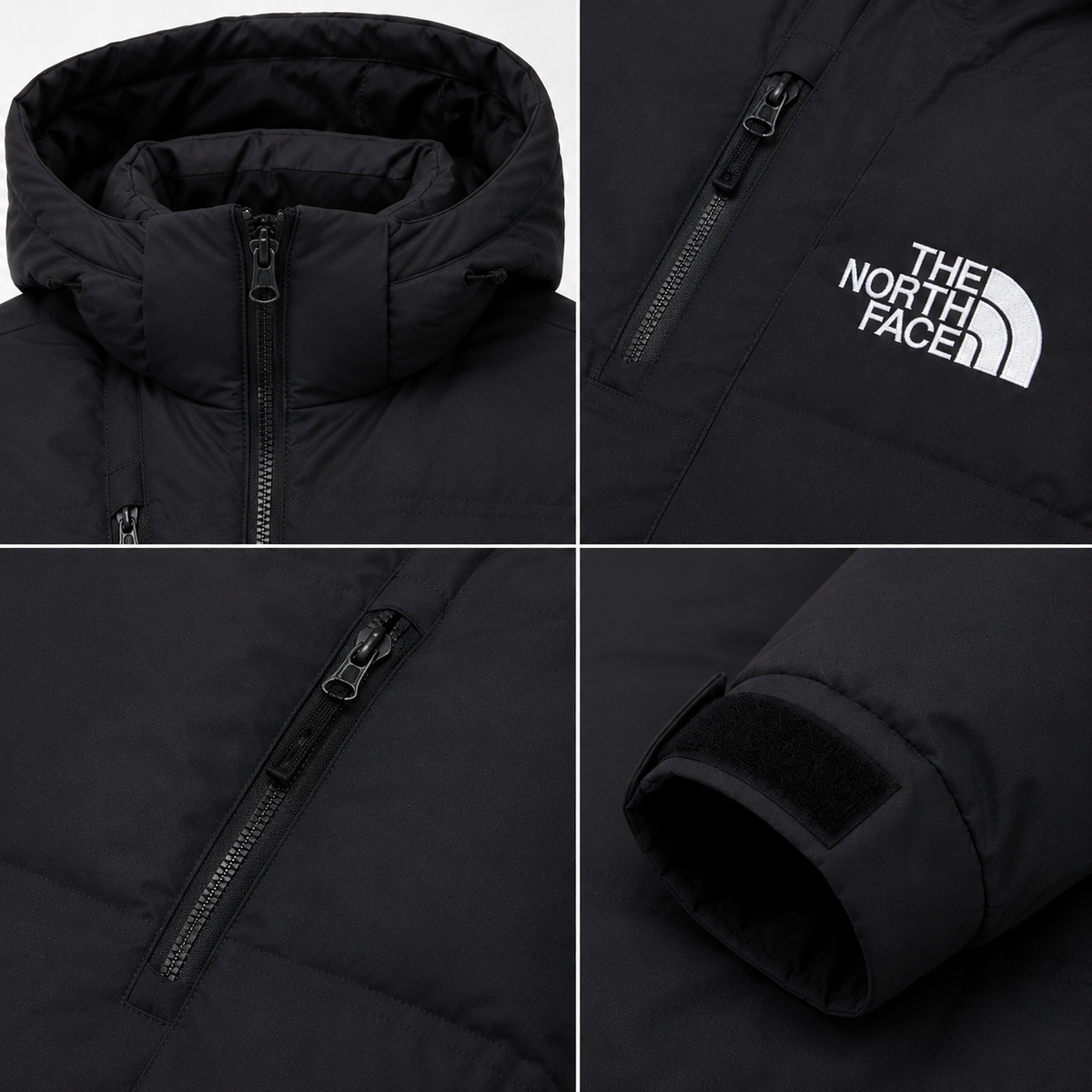 Close-up details of black padded jacket: hood, chest zip pocket, zip hand pocket and adjustable cuff tab