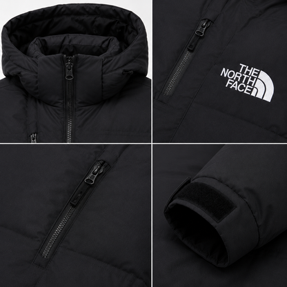 Close-up details of black padded jacket: hood, chest zip pocket, zip hand pocket and adjustable cuff tab