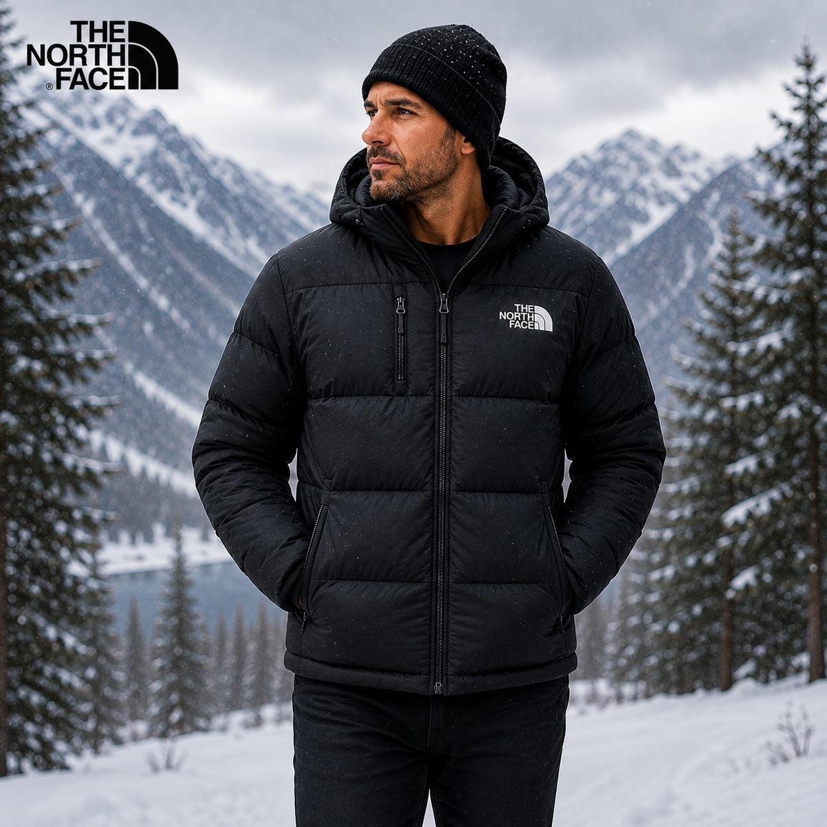Man wearing a black hooded padded winter jacket outdoors in a snowy mountain setting