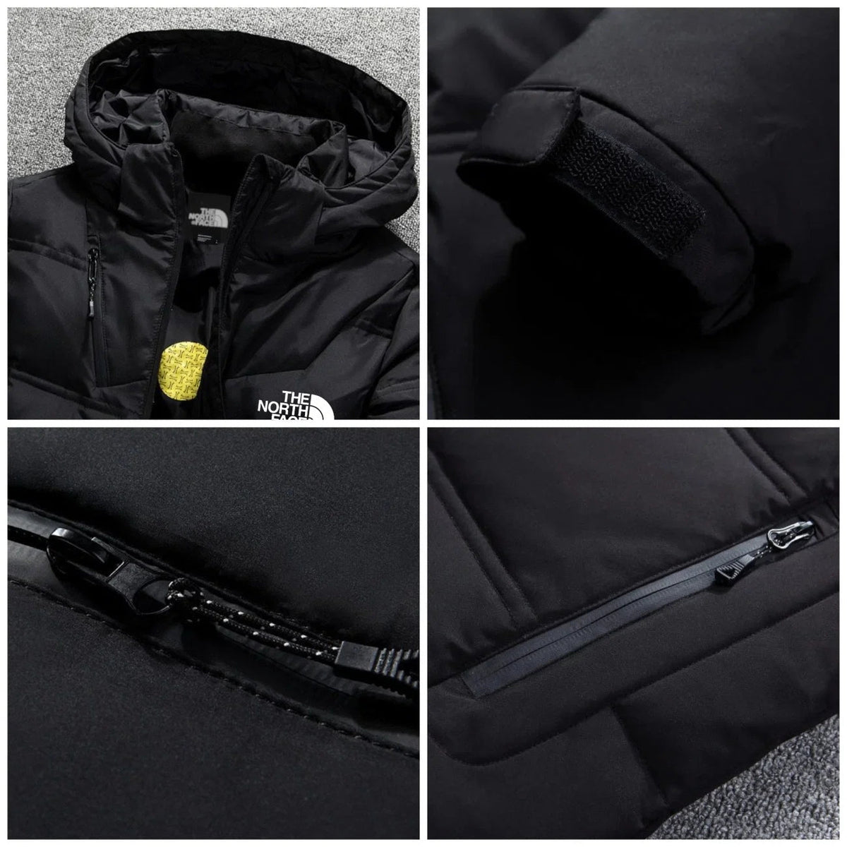 Close-up details of black padded jacket: hood, adjustable cuff tab and zip pockets
