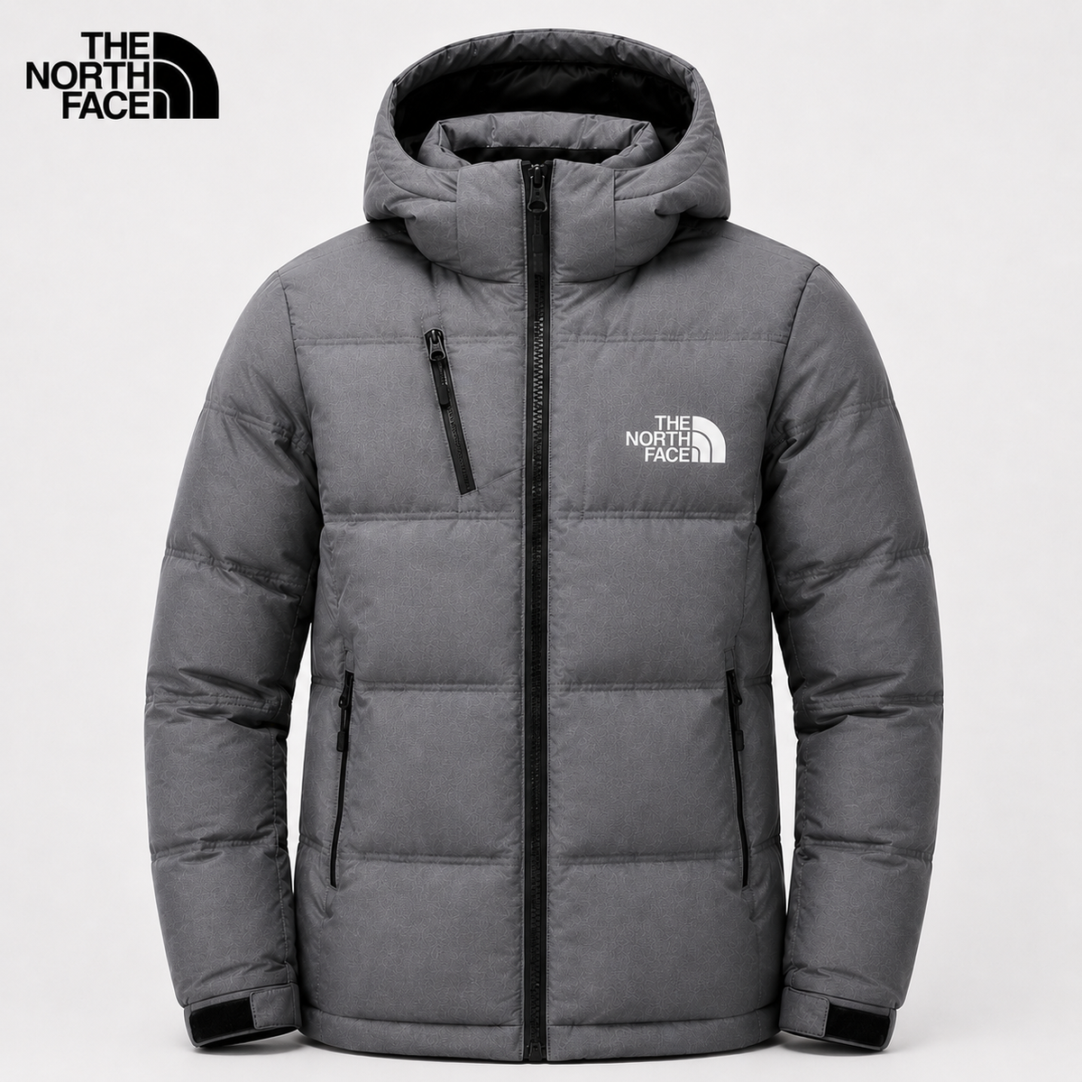 Men's dark gray padded winter jacket with hood and full-length zip – front view