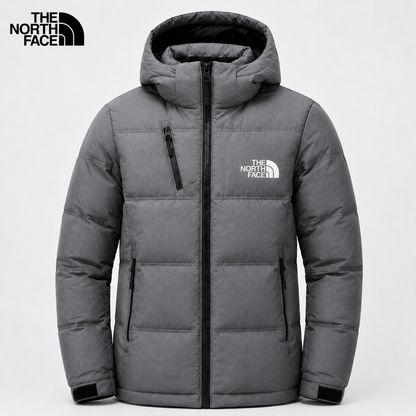 Men's dark gray padded winter jacket with hood and full-length zip – front view