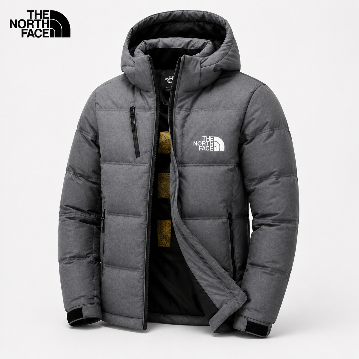 Men's dark gray padded winter jacket shown unzipped with hood and dark inner lining