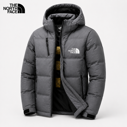 Men's dark gray padded winter jacket shown unzipped with hood and dark inner lining