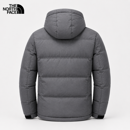 Back view of men's dark gray padded hooded winter jacket