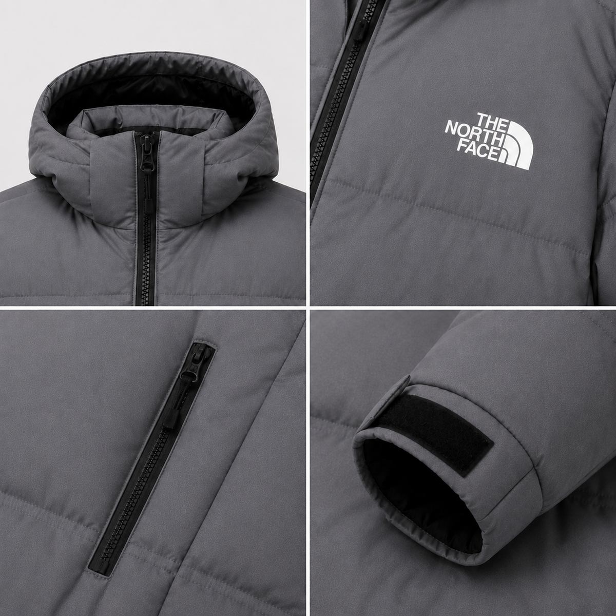 Close-up details of dark gray padded jacket: hood, chest zip pocket, zip hand pocket and adjustable cuff tab