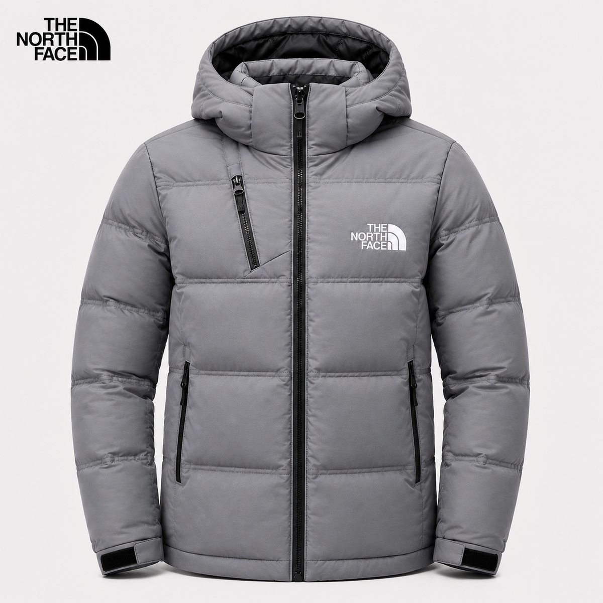Men's light gray padded winter jacket with hood and full-length zip – front view