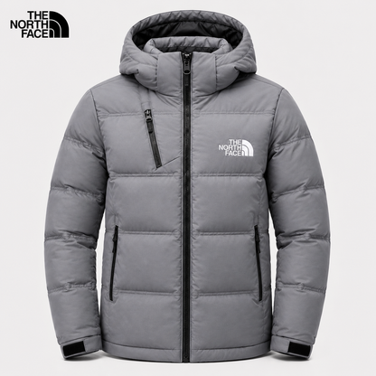 Men's light gray padded winter jacket with hood and full-length zip – front view