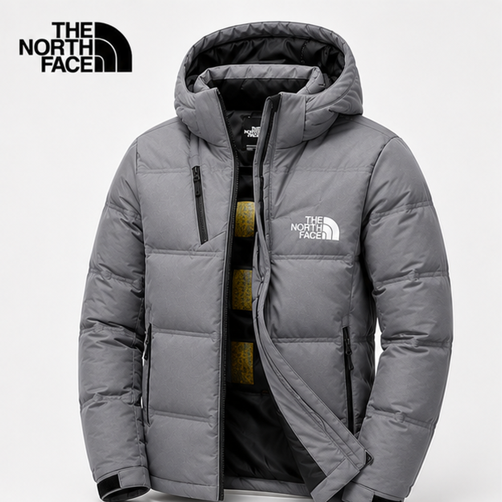 Men's light gray padded winter jacket shown unzipped with hood and dark inner lining