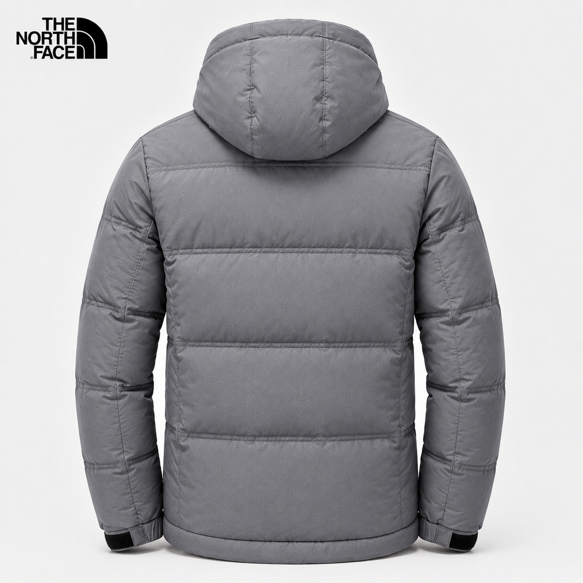 Back view of men's light gray padded hooded winter jacket