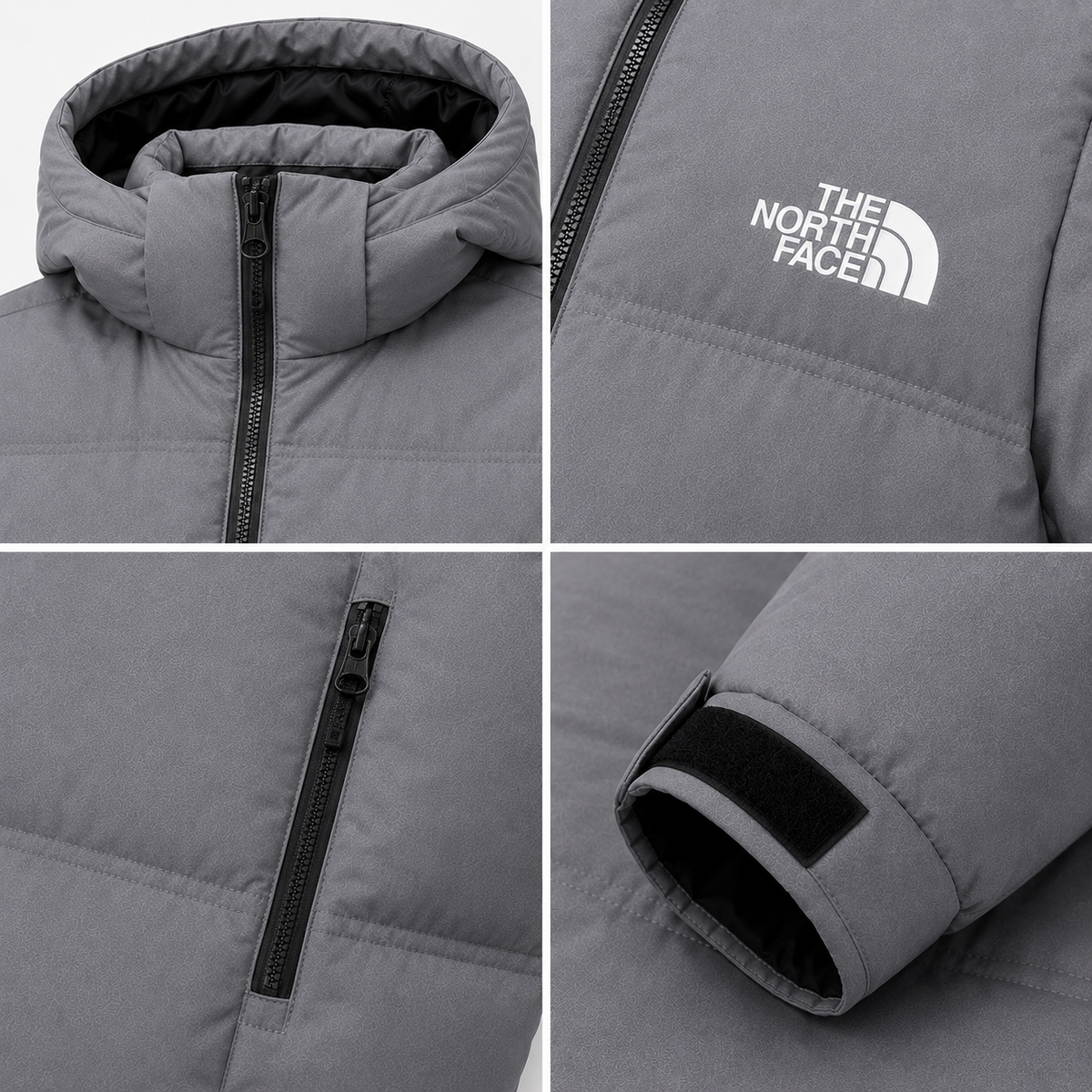 Close-up details of light gray padded jacket: hood, chest zip pocket, zip hand pocket and adjustable cuff tab