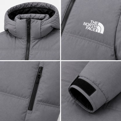 Close-up details of light gray padded jacket: hood, chest zip pocket, zip hand pocket and adjustable cuff tab