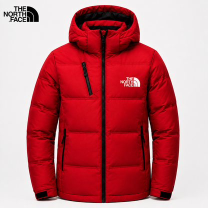 Men's red padded winter jacket with hood and full-length zip – front view