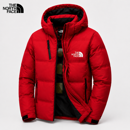 Men's red padded winter jacket shown unzipped with hood and dark inner lining