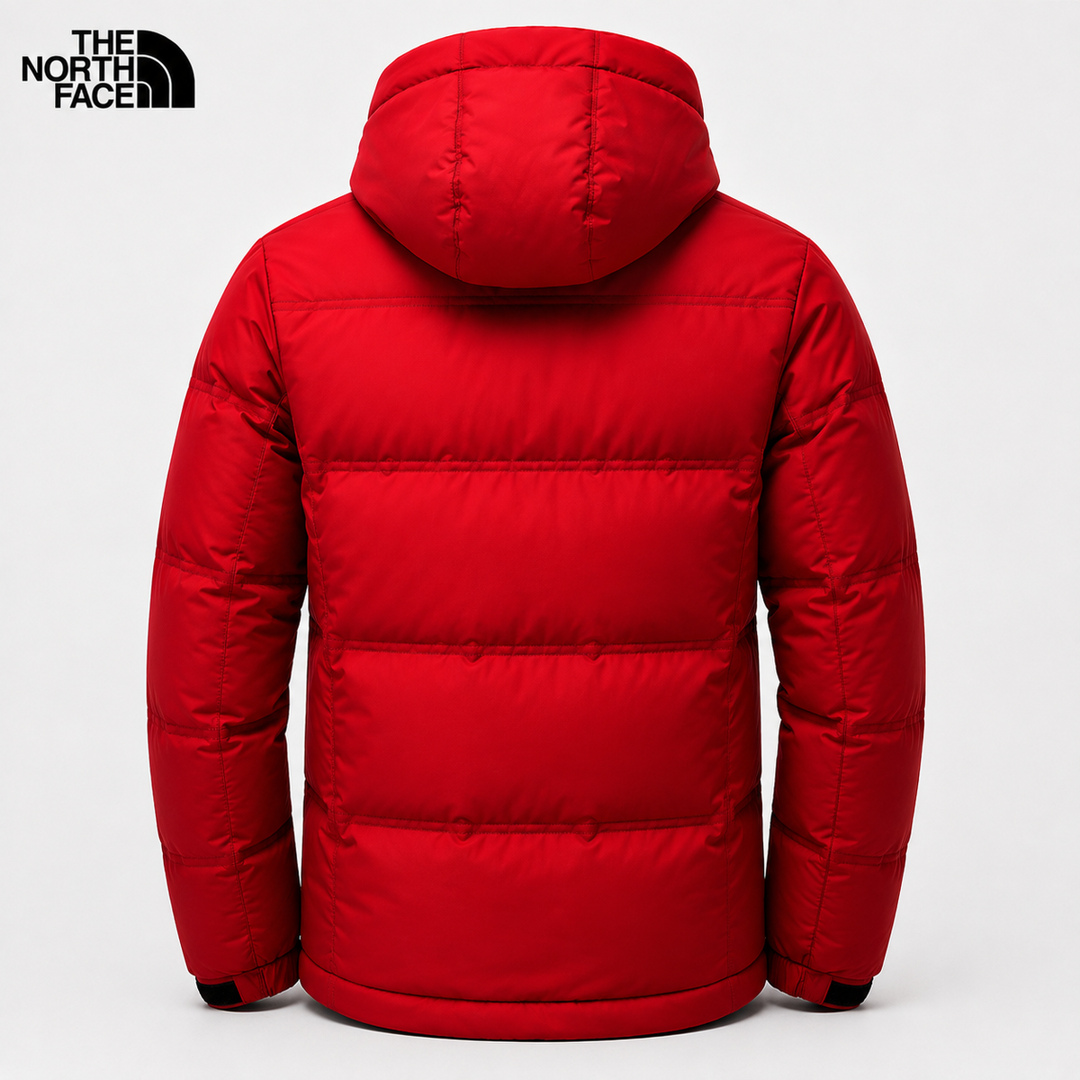 Back view of men's red padded hooded winter jacket