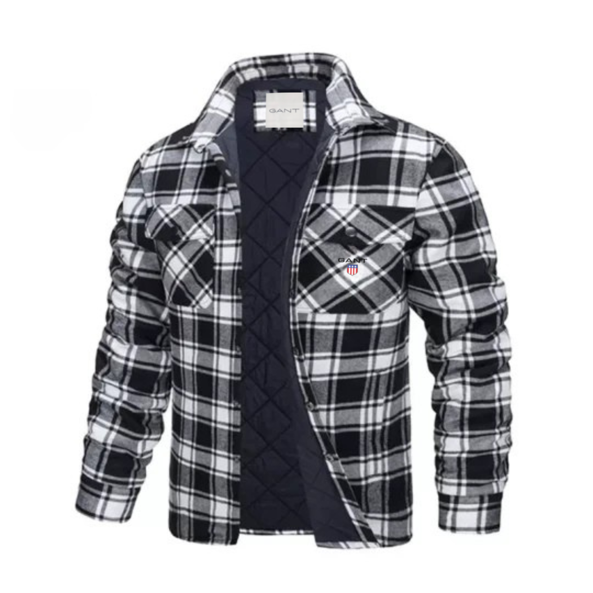 Men's quilt-lined plaid flannel shirt jacket – Black White