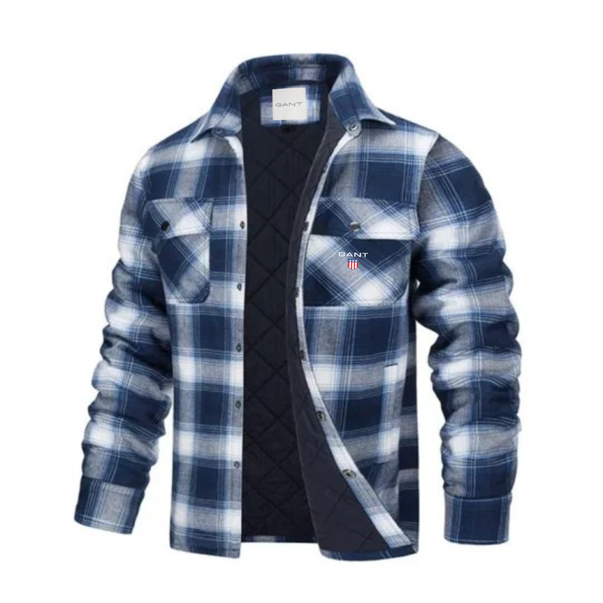 Men's quilt-lined plaid flannel shirt jacket – Blue White