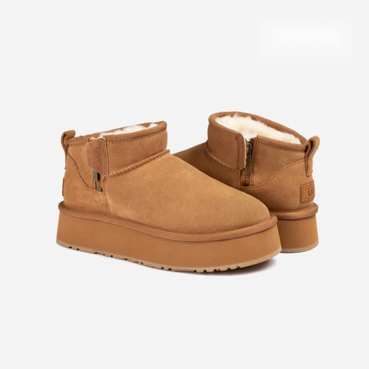 Women's fleece-lined platform mini boots – Camel