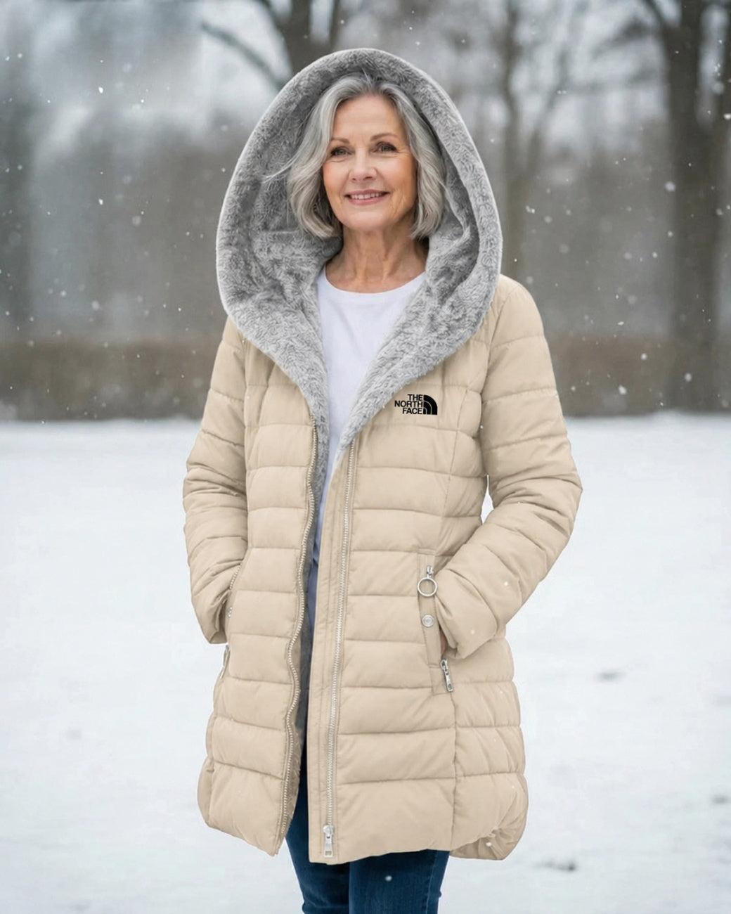 Women's fleece-lined quilted hooded coat – Beige
