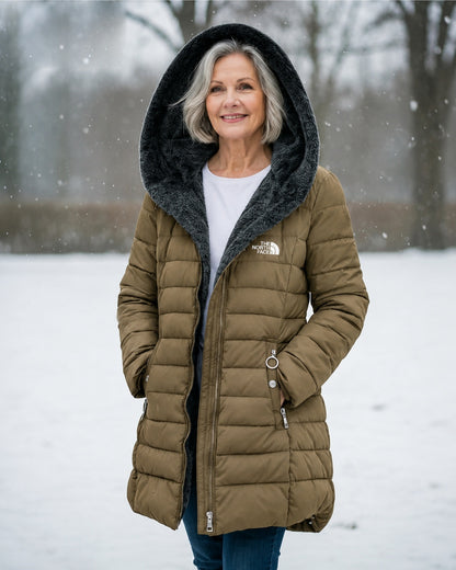 Women's fleece-lined quilted hooded coat – Khaki