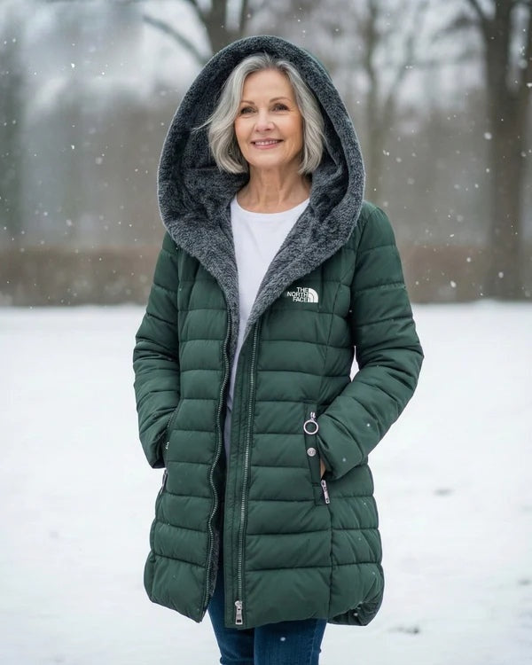 Women's fleece-lined quilted hooded coat – Dark Green