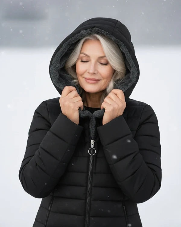 Women's fleece-lined quilted hooded coat – Black