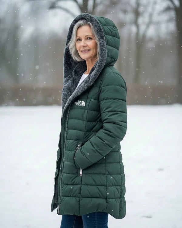 Women's fleece-lined quilted hooded coat – Dark Green