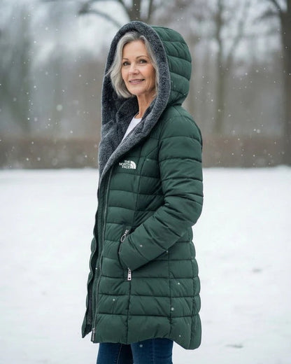 Women's fleece-lined quilted hooded coat – Dark Green
