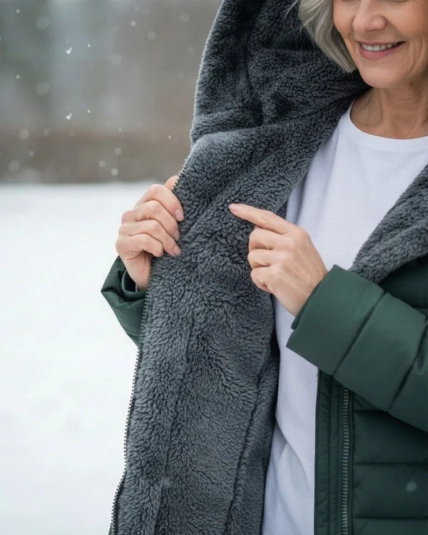 Women's fleece-lined quilted hooded coat – Dark Green