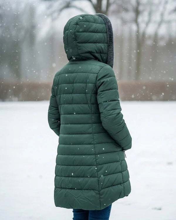 Women's fleece-lined quilted hooded coat – Dark Green